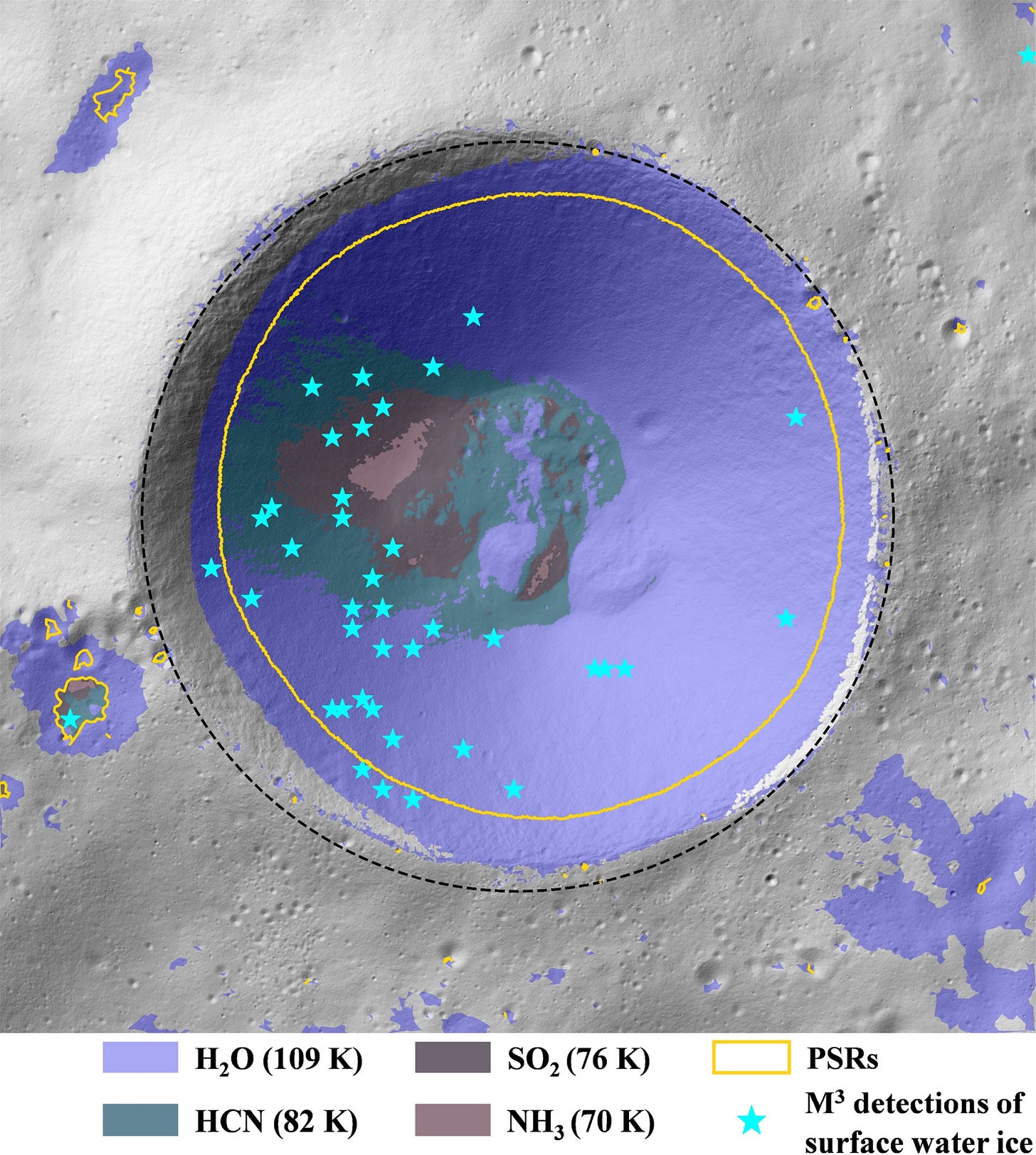 The locations of water ice, hydrogen cyanide, sulfur dioxide, and ammonia within and around Shackleton Crater (the dotted line) and in permanently shadowed regions (yellow lines), with existing Chandrayaan-1 ice detections marked with stars.