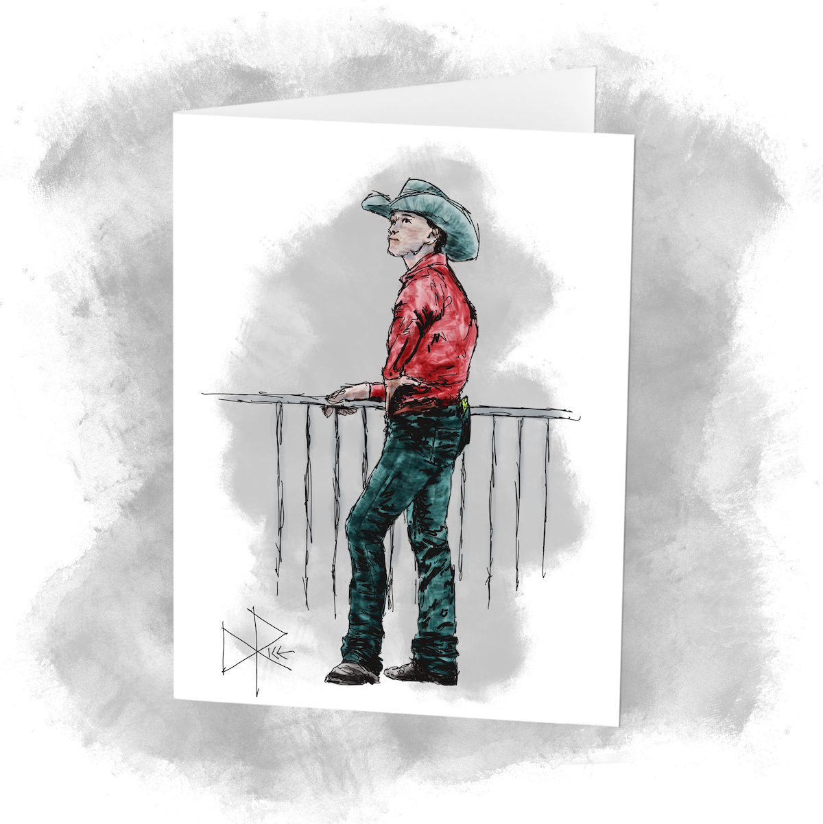 A man in a button-up shirt, jeans, boots and cowboy hat stands while holding the top rail of a fence gate with one hand. His other hand rests on his hip and his phone peeks out from a rear pocket of his jeans. Sketch art by Don Rice. A man in a button-up shirt, jeans, boots and cowboy hat stands while holding the top rail of a fence gate with one hand. His other hand rests on his hip and his phone peeks out from a rear pocket of his jeans. Sketch art by Don Rice.