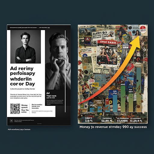 Comparison of polished versus "ugly" marketing ads with revenue graph showing the ugly ad's superior performance.