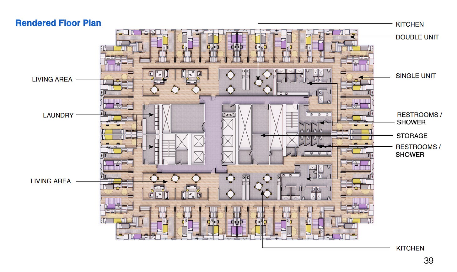 A mock-up of a floor plan for single-room occupancy units in a converted office building. Bedrooms ring the building's outside, while shared bathrooms, kitchens and living areas, are in the center. 
