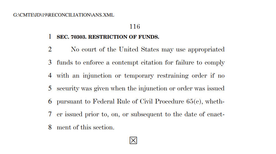 "No court of the United States may use appropriated funds to enforce a contempt citation for failure to comply with an injunction or temporary restraining order if no security was given when the injunction or order was issued pursuant to Federal Rule of Civil Procedure 65(c), whether issued prior to, on, or subsequent to the date of enactment of this section."