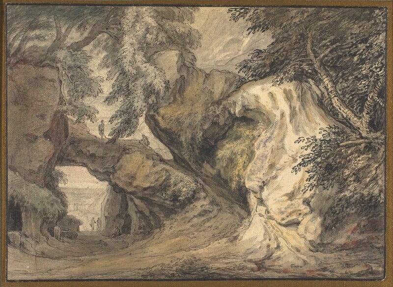 The image shows a natural rocky landscape with a stone arch in the center where two small figures are walking. The view is slightly elevated, with large rock formations, dense foliage, and hints of a bright sky in the distance. The brushstrokes are detailed yet fluid, capturing the texture of rocks, trees, and foliage. The color palette includes earthy tones like browns, grays, and muted greens. On the right side, trees frame the composition, and figures are seen below the archway. The textures and natural elements provide depth in the painting.