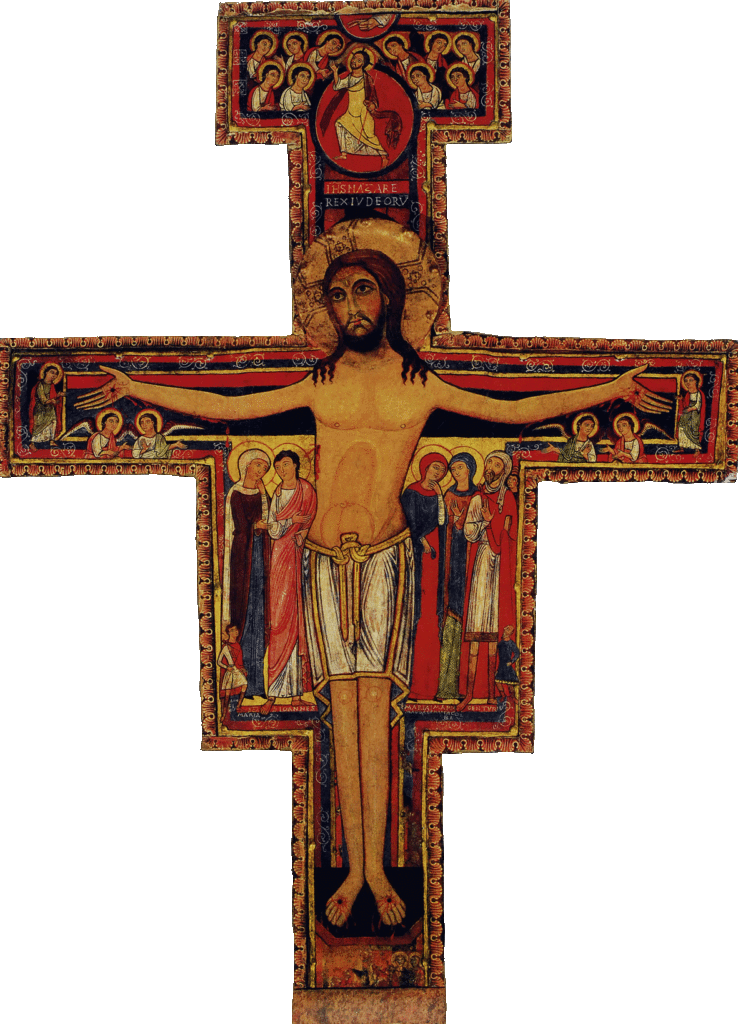 crucifixion in art: San Damiano Cross, c. 1100, Basilica of Saint Clare, Assisi, Italy.
