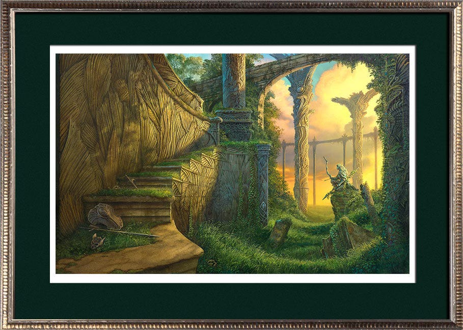 EMPIRE OF GRASS conservation framed with warm silver moulding and dark green mat. EMPIRE OF GRASS conservation framed with warm silver moulding and dark green mat.