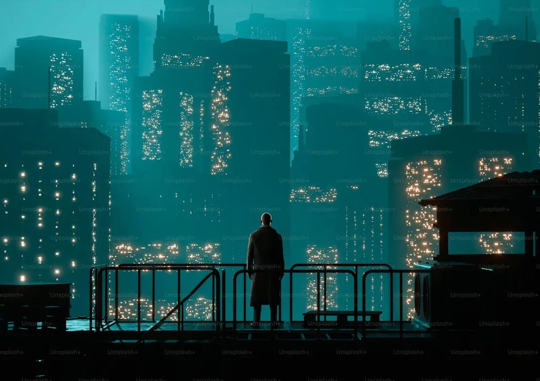 Man at night gazing at a megalopolis