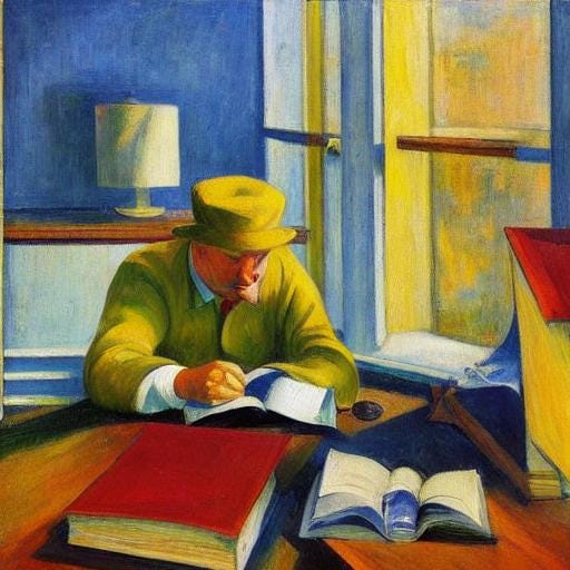 AI generated image, "stack of books edward hopper"
