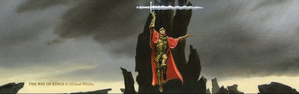 A shardbearer in golden plan draped with a red cloak reaches up for an oversized sword with wavy blade. One knee is raised as he hovers off the ground with a jagged rock formation directly behind him. The clouds are gray and lower down the sky is yellow.