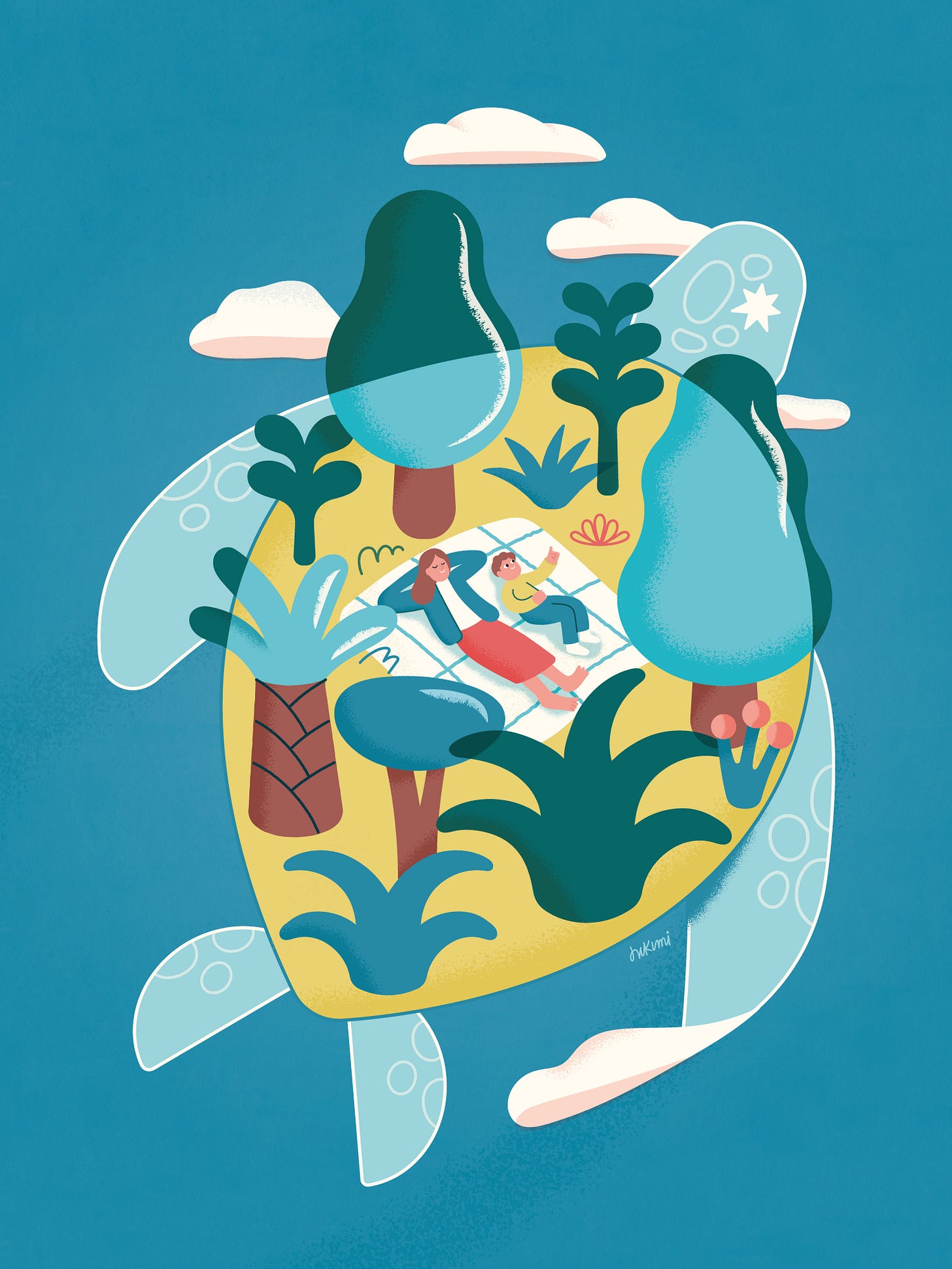 Illustration by hikimi of a large sea turtle floating in blue water with white clouds above. The turtle's shell depicts a tropical island scene with palm trees, plants, and two people relaxing on a white towel or blanket. The turtle has a gentle expression and the overall style is whimsical with soft, organic shapes in blues, greens, yellows, and coral tones.