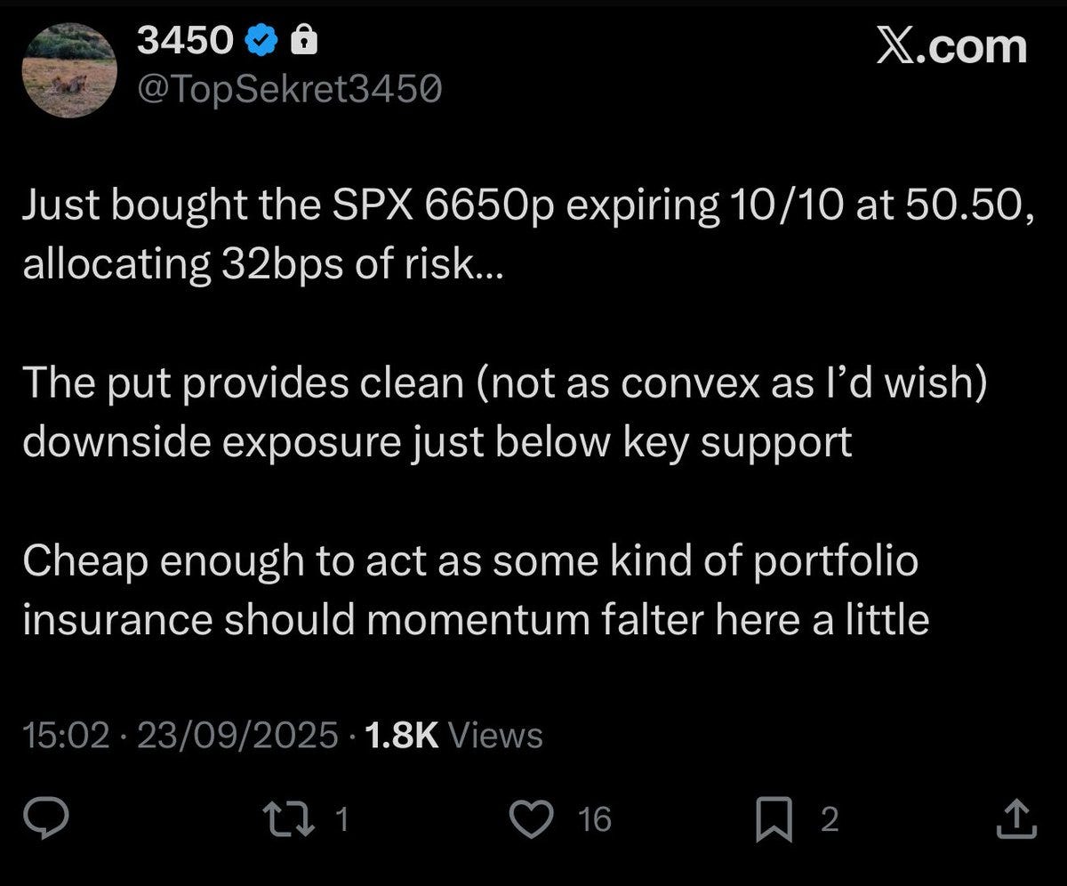 A screenshot of a social media post from X. The post includes text stating "Just bought the SPX 6650p expiring 10/10 at 50.50, allocating 32bps of risk..." and additional text about a put option. An X watermark is visible in the top right corner.
