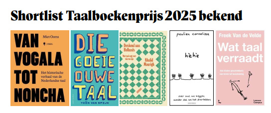 Afbeelding met de omslagen van de vijf genomineerde boeken.