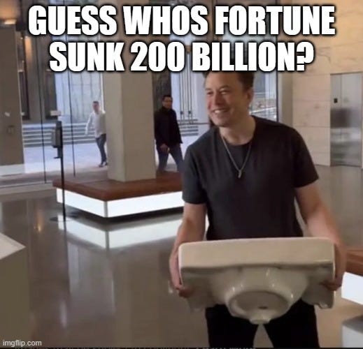 Elon Lost | GUESS WHOS FORTUNE SUNK 200 BILLION? | image tagged in elon musk sink,elon musk,money | made w/ Imgflip meme maker Elon Lost | GUESS WHOS FORTUNE SUNK 200 BILLION? | image tagged in elon musk sink,elon musk,money | made w/ Imgflip meme maker