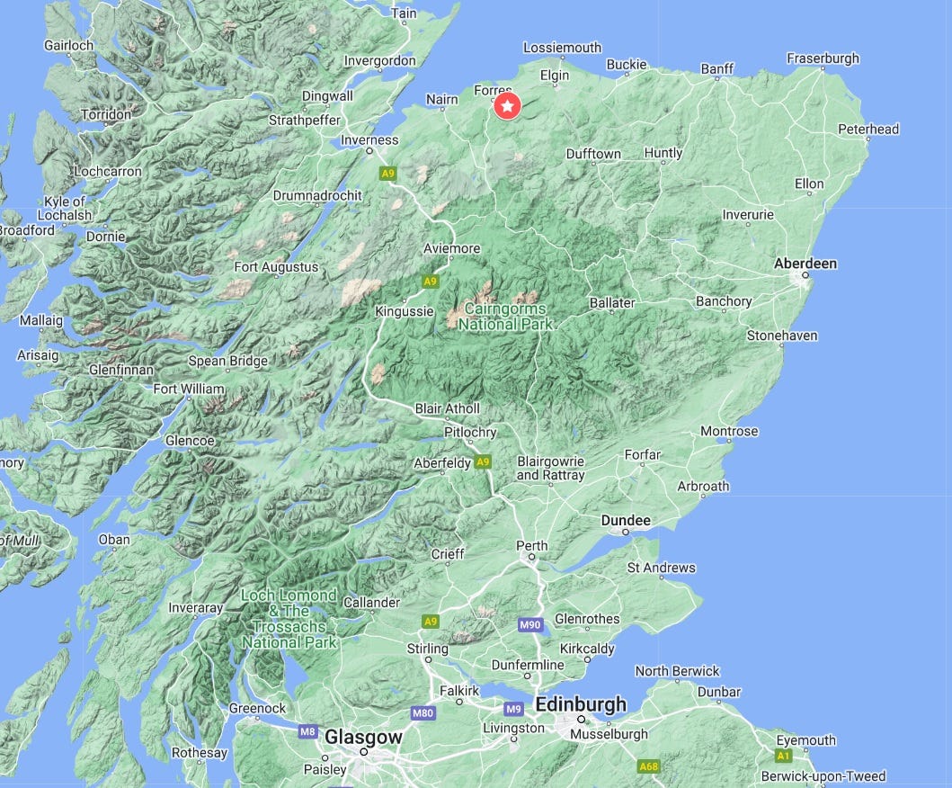 Map of Scotland showing the location of Blervie near Forres in Moray