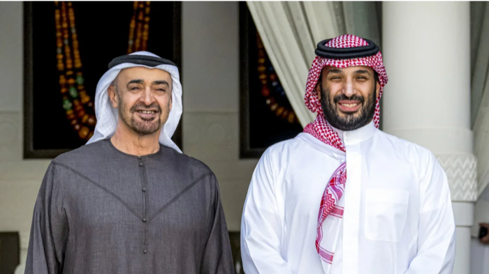 Saudi Arabia's Crown Prince Mohammed bin Salman receiving UAE President Mohamed bin Zayed Al Nahyan in Riyadh on 3 September 2025 (Abdulla al-Bedwani/UAE Presidency/AFP)
