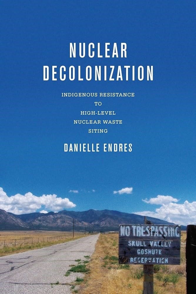 The cover of the book “Nuclear Decolonization: Indigenous Resistance to High-Level Nuclear Waste Siting”, featuring a beautiful landscape with a blue sky and mountain in the distance. The title and author of the book are listed in white text over the blue sky background. In the foreground, there is a sign that reads: No Trespassing, Skull Valley Goshute Reservation.
