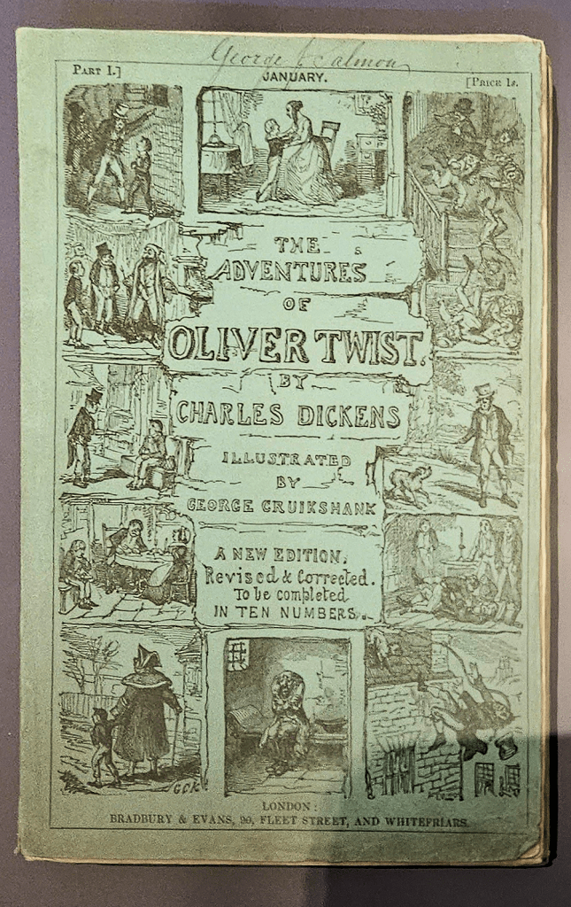 "The Adventures of Oliver Twist. or, The Parish Boy's Progress", volumes 1-4, by Charles Dickens, London, 1842. On display at the Huntington Library and Botanical Garden, San Marino, California, USA. "The Adventures of Oliver Twist. or, The Parish Boy's Progress", volumes 1-4, by Charles Dickens, London, 1842. On display at the Huntington Library and Botanical Garden, San Marino, California, USA.