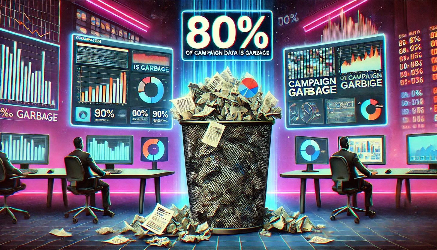 A conceptual digital illustration representing the idea that '80% of campaign data is garbage.' The image features a giant trash can overflowing with crumpled documents, charts, and digital screens displaying incorrect or misleading data. A campaign strategist looks frustrated while sifting through the mess. In the background, a high-tech data center with flickering, glitchy screens emphasizes the flawed nature of the information. The overall color scheme is a mix of dark and neon tones, symbolizing misinformation in a digital age.