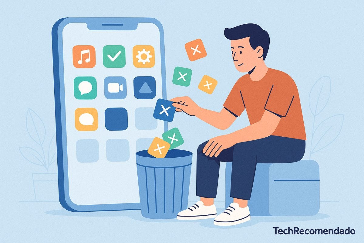 Hombre joven sentado eliminando apps de su móvil con un gesto relajado, junto a un gran icono de smartphone y una papelera