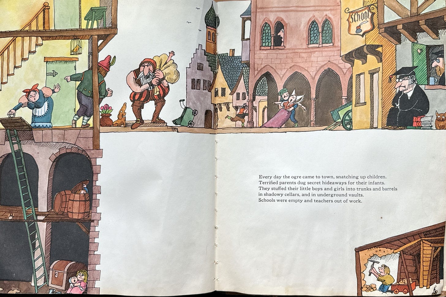 Page from Tomi Ungerer's Zeralda's Ogre, showing the ogre putting kids into a bag while, just out of sight, children are taking shelter in underground basements and hidden areas. Page from Tomi Ungerer's Zeralda's Ogre, showing the ogre putting kids into a bag while, just out of sight, children are taking shelter in underground basements and hidden areas.