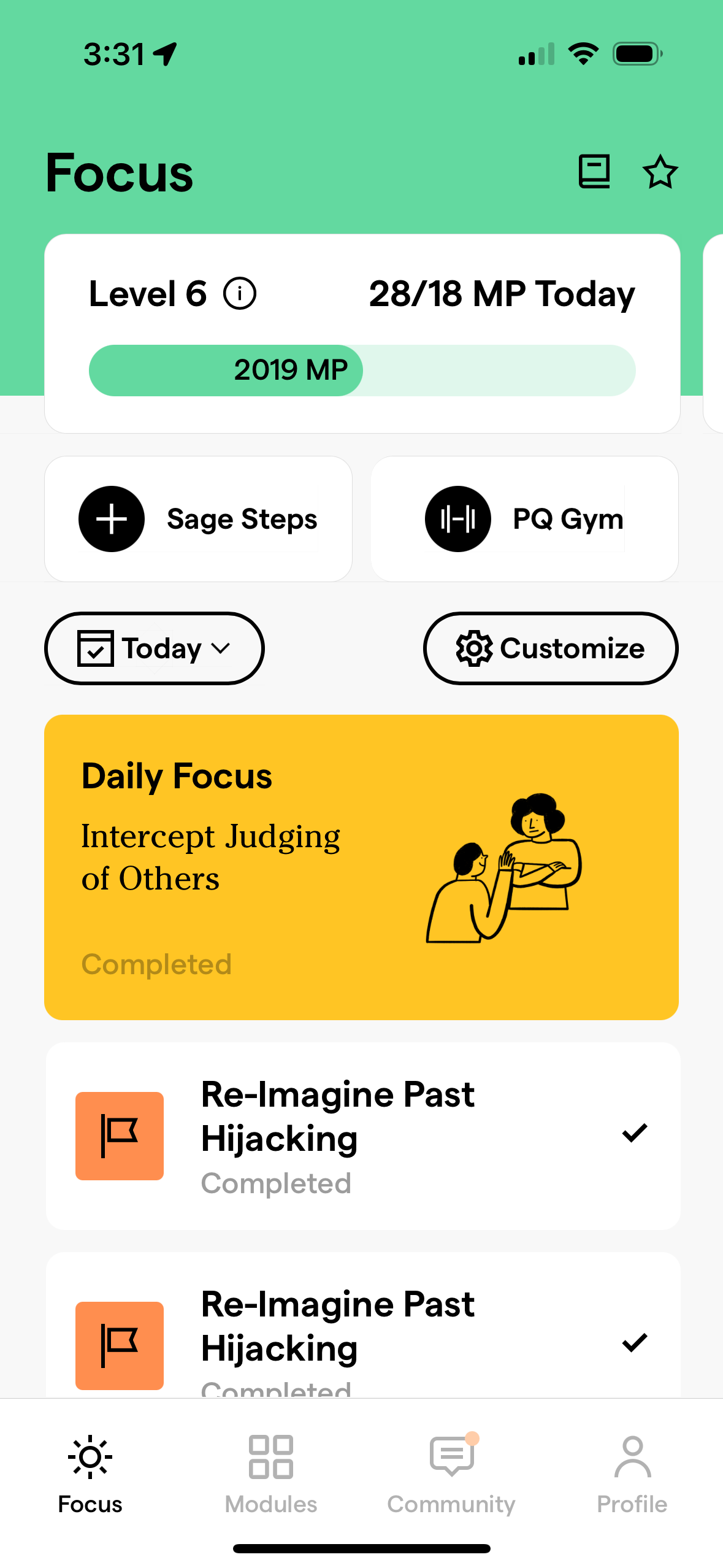 Screenshot of PQ app on phone, highlighting Daily Focus and PQ exercises, along with learning Modules and Community buttons.