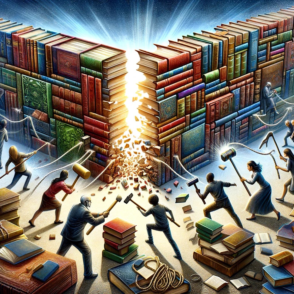 An abstract representation of breaking the 'Knowledge Barrier'. The image features a large, imposing wall made of books and scrolls, symbolizing knowledge. In the foreground, a diverse group of people, including a Caucasian woman, a Black man, and an Asian child, are working together to break down the wall. They use tools like hammers, chisels, and ropes, representing different methods of learning and understanding. The scene is vibrant and dynamic, with pieces of the wall breaking away, revealing a bright, glowing light behind it, symbolizing enlightenment and the limitless possibilities of knowledge.
