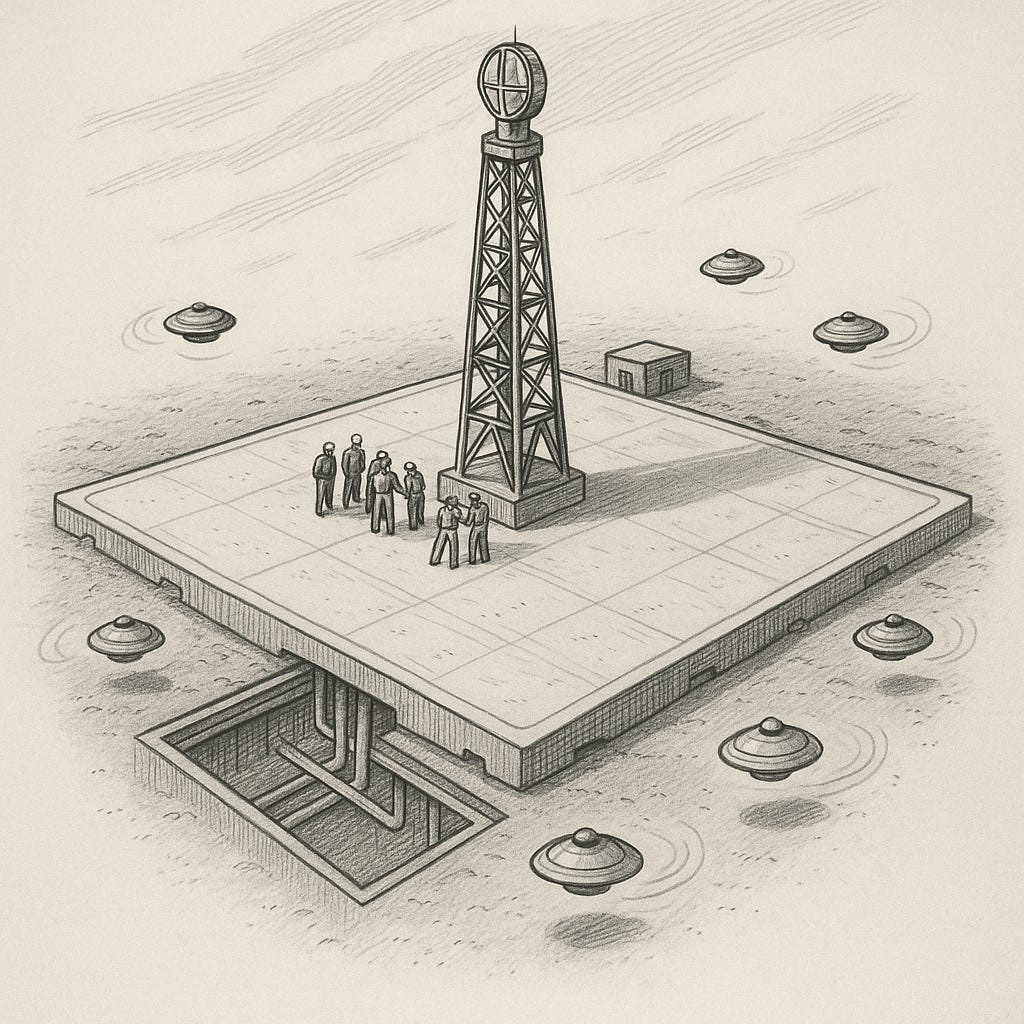 A diagram-like pencil sketch showing a square elevated platform with a tall tower at its center. Human figures stand in small groups near the base. Beneath the platform, an underground chamber with conduits and pipes is visible. Around the platform perimeter, small disk-shaped aerial craft hover, patrolling the site.