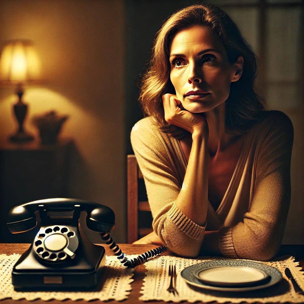 A good-looking middle-aged woman sitting alone in a dimly lit room, waiting by a landline phone placed on a table. The table is set with two place settings, though she is the only one present. She looks pensive, her gaze distant as she waits, with a feeling of melancholy and anticipation. The room is modest, with warm lighting from a lamp in the background, casting soft shadows. The phone and table setting suggest an intimate yet somber moment.