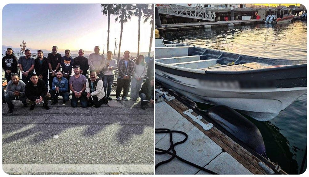 21 people illegally entered the US aboard this small panga boat and were arrested off the California coast by US Authorities on Saturday, August 29, 2026. (US Customs & Border Protection photos)