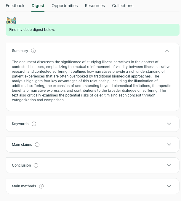 thesify Deep Digest summary with structured sections for an academic document. thesify Deep Digest tab showing an AI-generated summary of a document on contested illnesses with expandable sections for keywords, main claims, conclusion, and main methods.