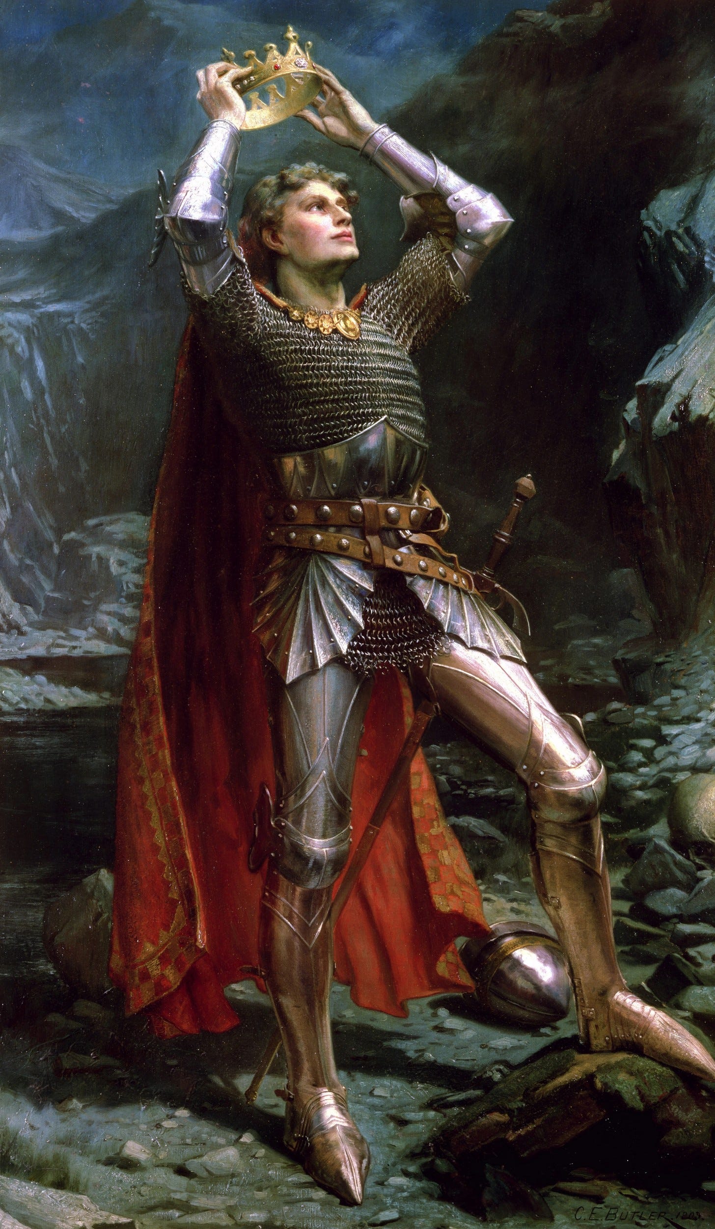 King Arthur raising a gold crown to his head, oil painting by Charles Ernest Butler, 1903