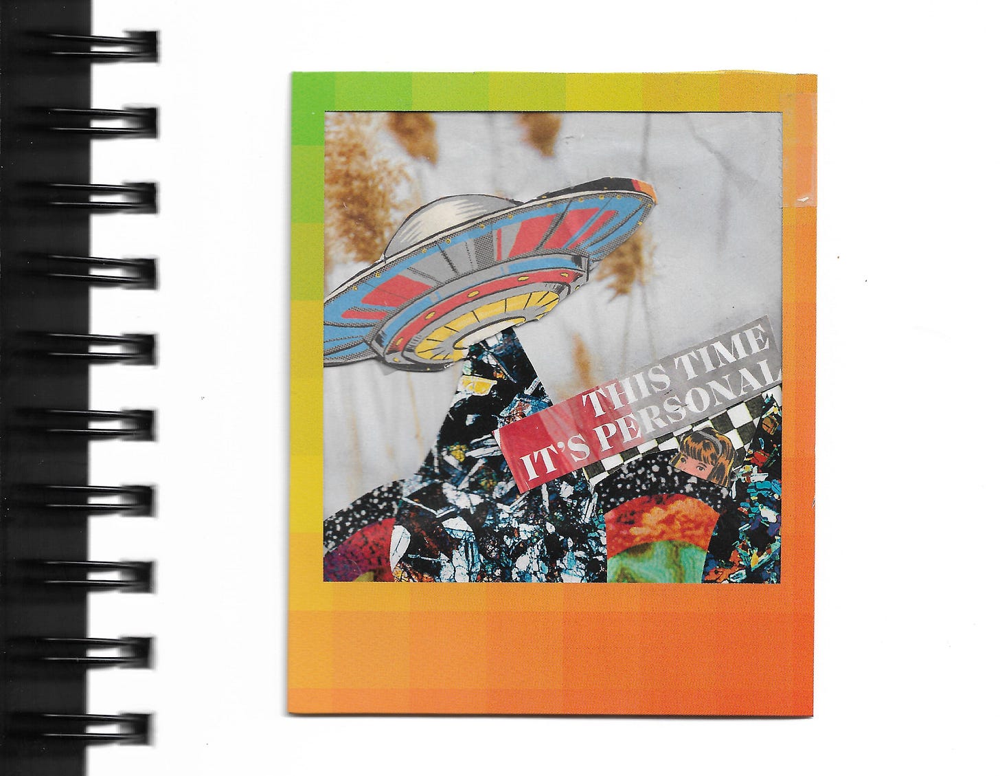 Collage featuring space ship, patterns, half a girl's head and the words 'this time it's personal'