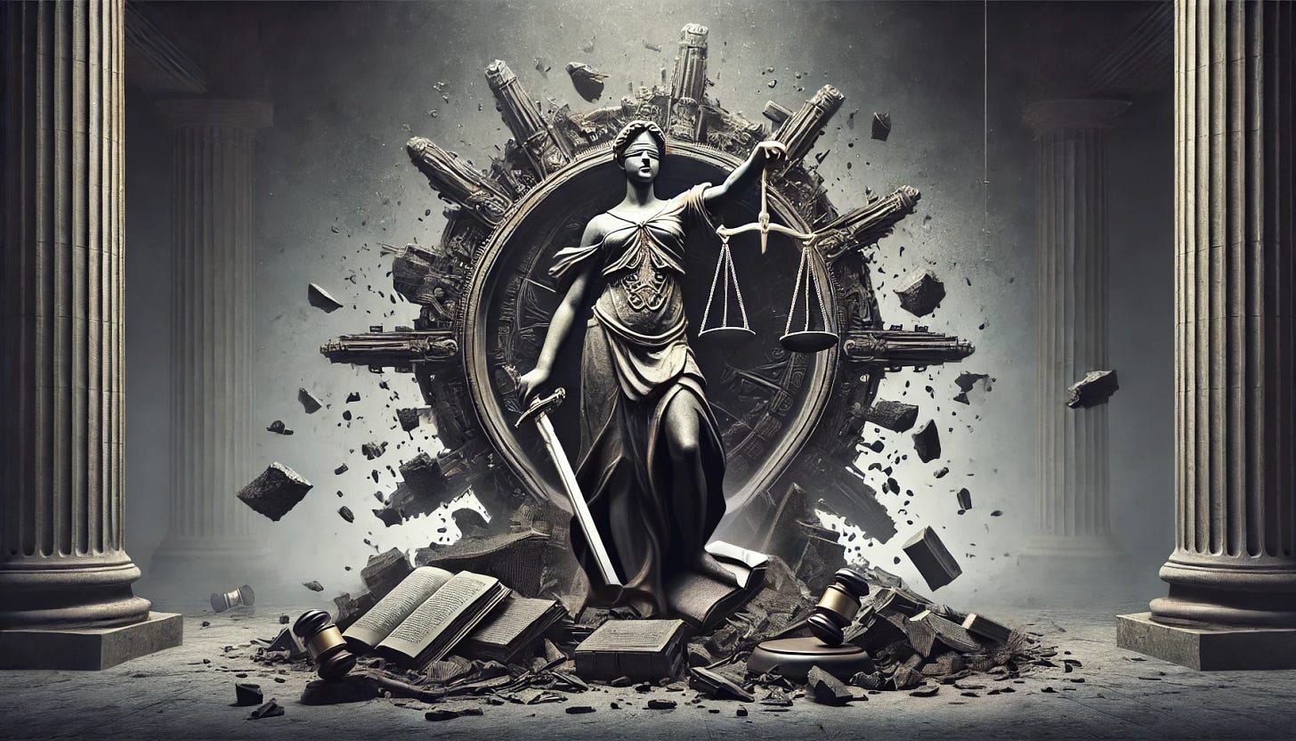 A statue of the personification of justice against a crumbling background.