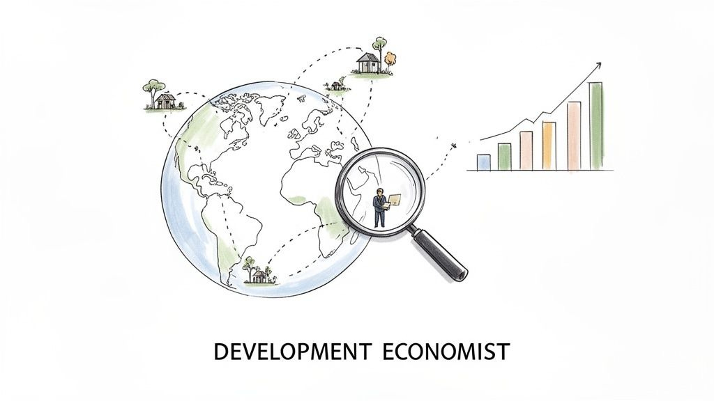 Illustration of a development economist analyzing global economic data, connecting communities, and tracking growth.