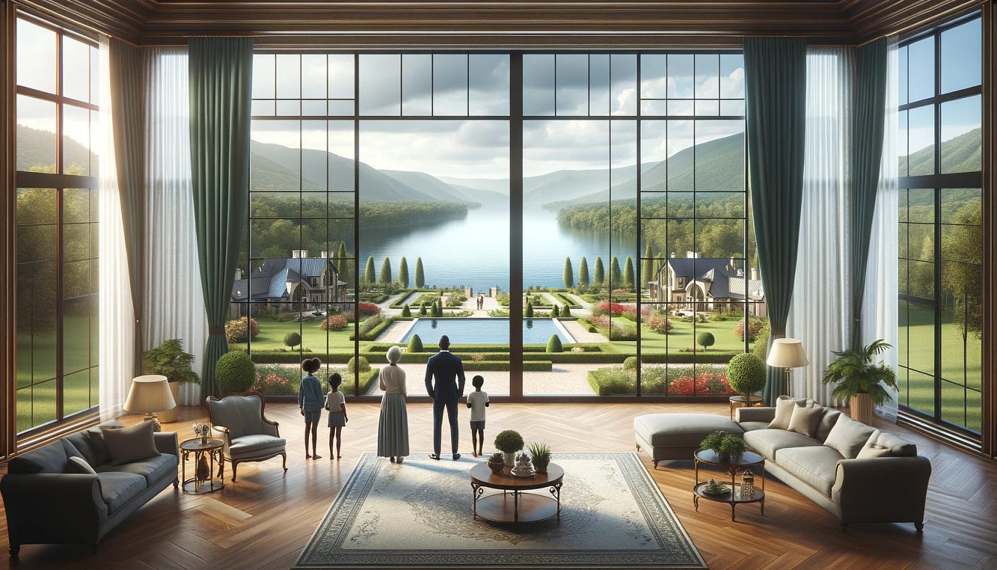 An African American family looking outside from inside their huge mansion, with a view of a serene lake. The scene is set in a spacious, elegantly decorated room with large windows that showcase the beautiful outdoor scenery. The family is gathered near the windows, enjoying the tranquil view of the lake, lush landscaping, and perhaps a garden, emphasizing the luxury and peace of their home.