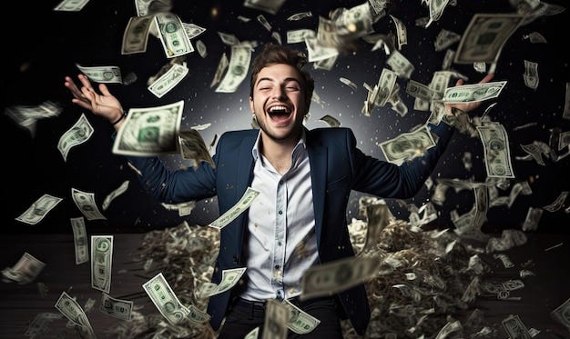 A man in a suit is surrounded by money | Premium AI-generated image