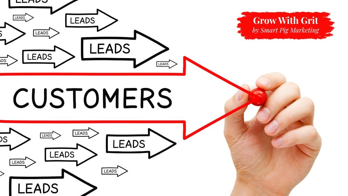 Hand drawing a bold red arrow guiding multiple “leads” into “customers,” illustrating a clear conversion path from attention to action.