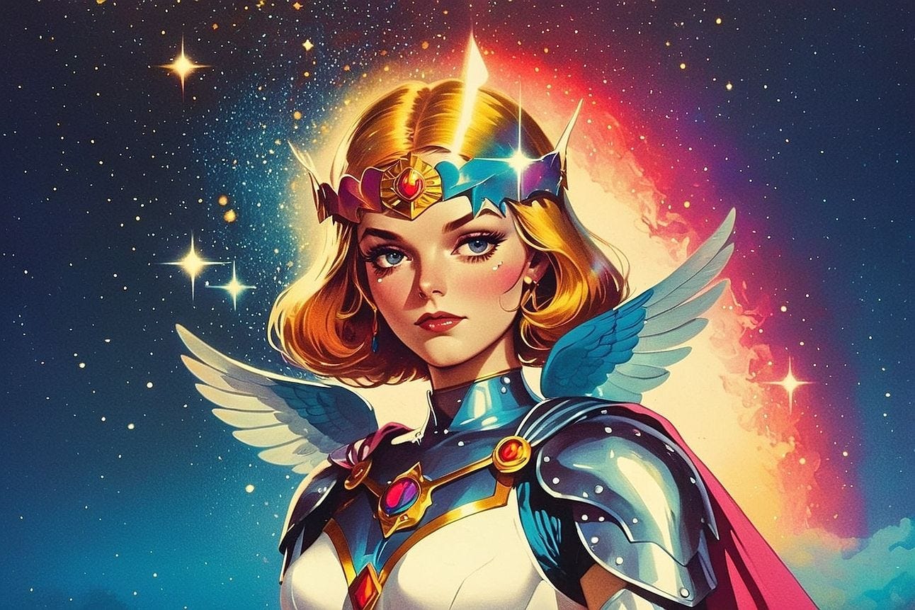 A fantasy-style painting of a blonde woman in a blue cloak adorned with gold details, standing before a celestial vortex of stars and swirling galaxies. She wears delicate wire-framed glasses and has floral accessories in her hair, evoking a mystical and ethereal aura.