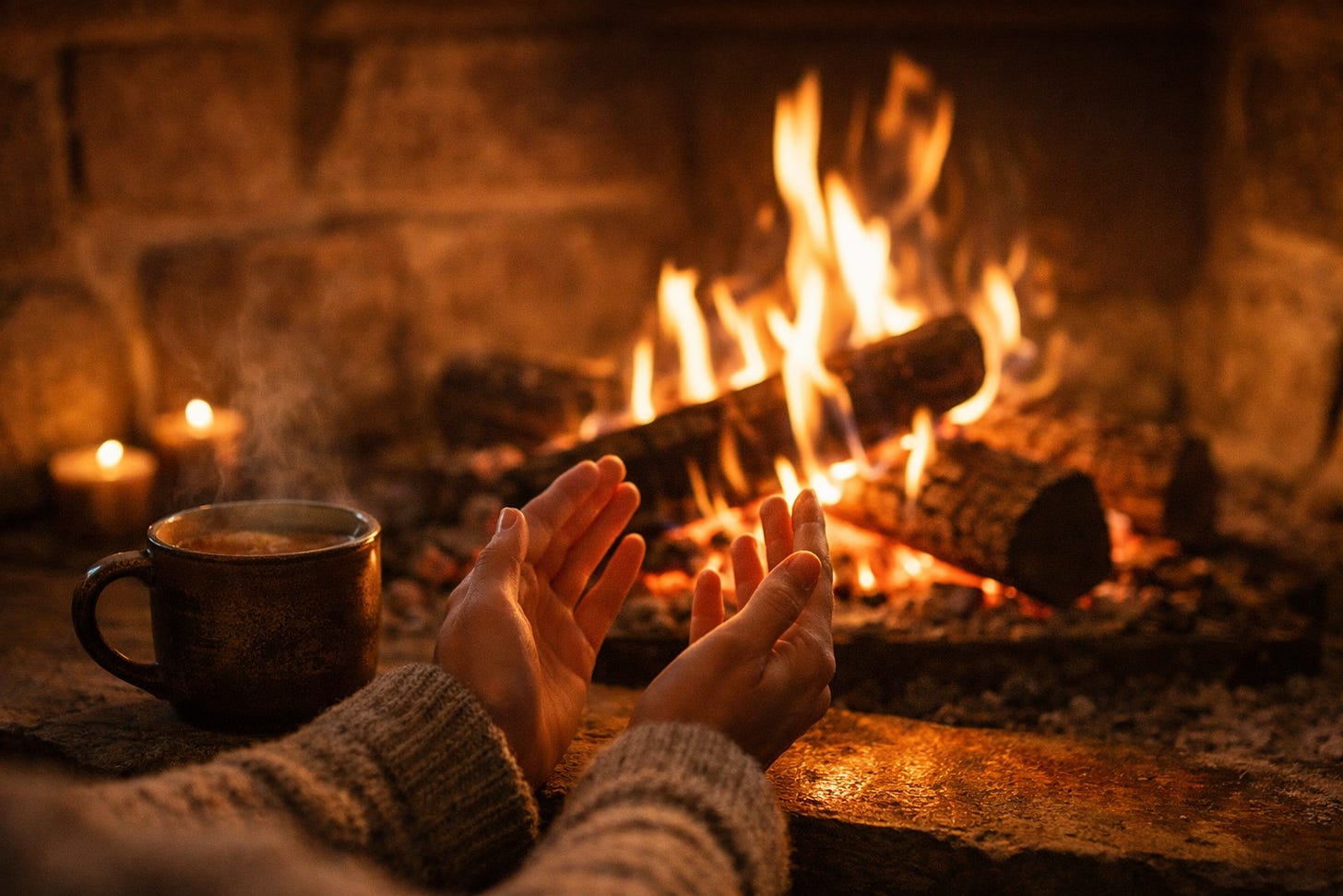 hands warming by a steady fire with cocoa