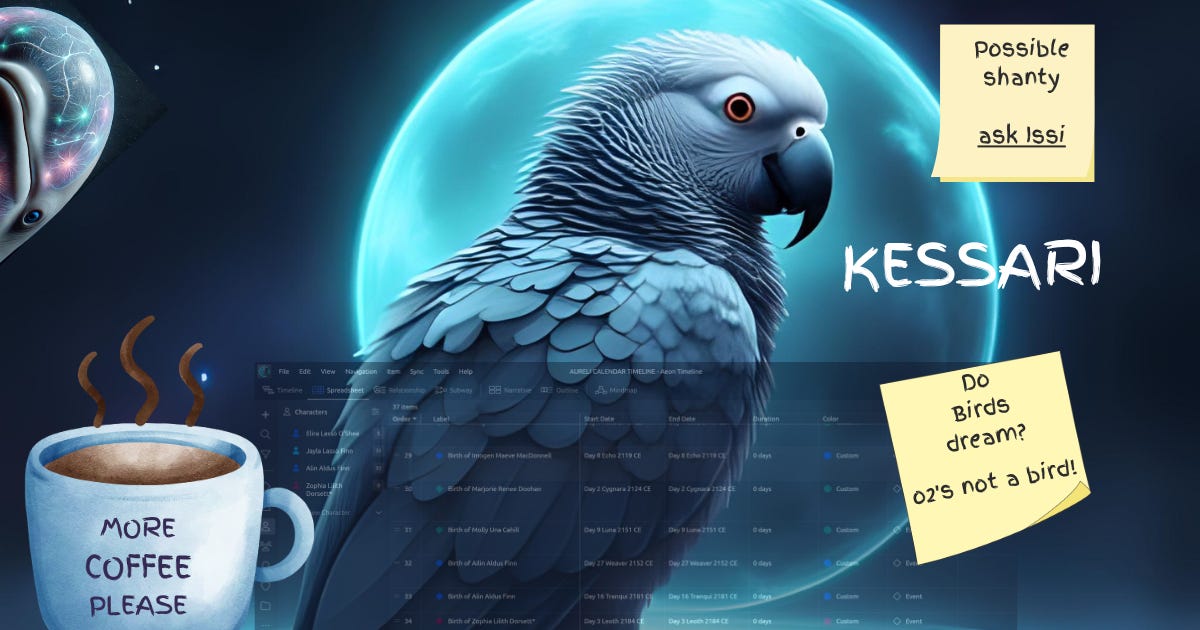 Mechanical African Grey parrot perched against a glowing blue moon labeled “Kessari,” surrounded by floating sticky notes reading “Possible shanty, ask Issi” and “Do Birds Dream? o2’s not a bird!” A steaming coffee cup sits in the foreground, and a digital timeline interface fades into the background, blending cozy chaos with a sci-fi aesthetic.