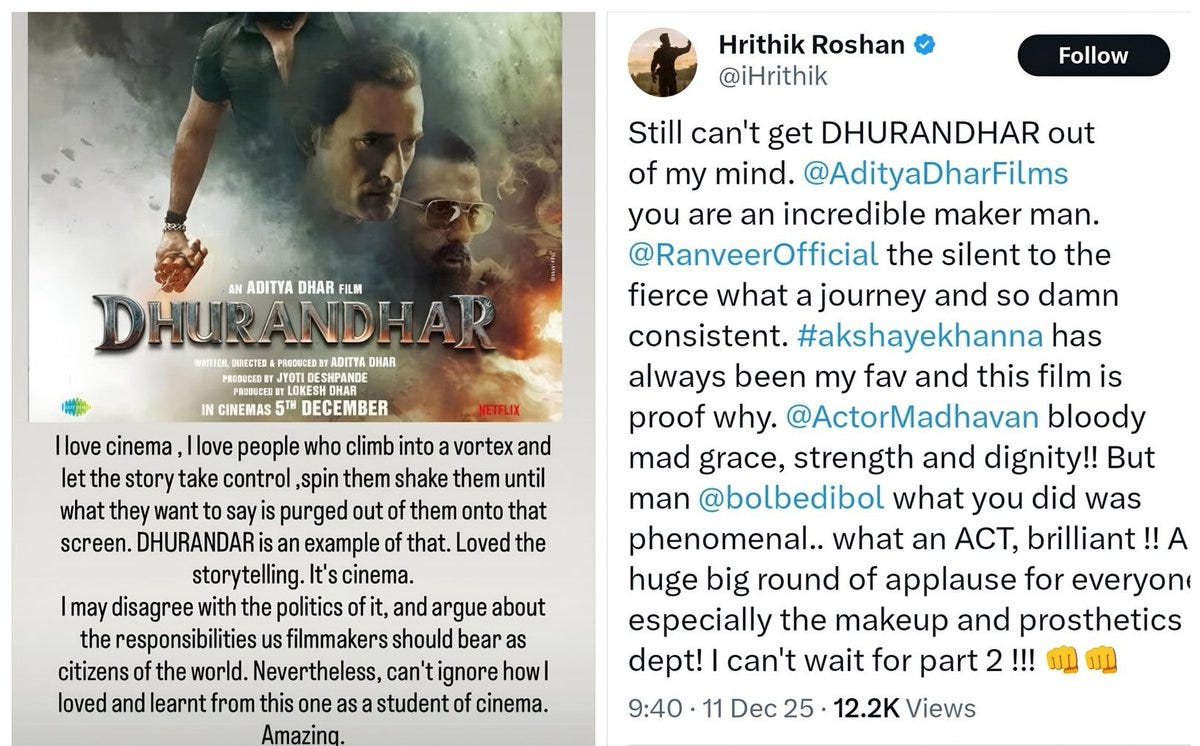 Hrithik Roshan's #Dhurandhar REVIEW - Instagram Vs X 🍿🎥 #Bollywood star doesn't agrees to the politics shown in the film as per his IG story but his Twitter review has no negative Hrithik Roshan's #Dhurandhar REVIEW - Instagram Vs X 🍿🎥 #Bollywood star doesn't agrees to the politics shown in the film as per his IG story but his Twitter review has no negative