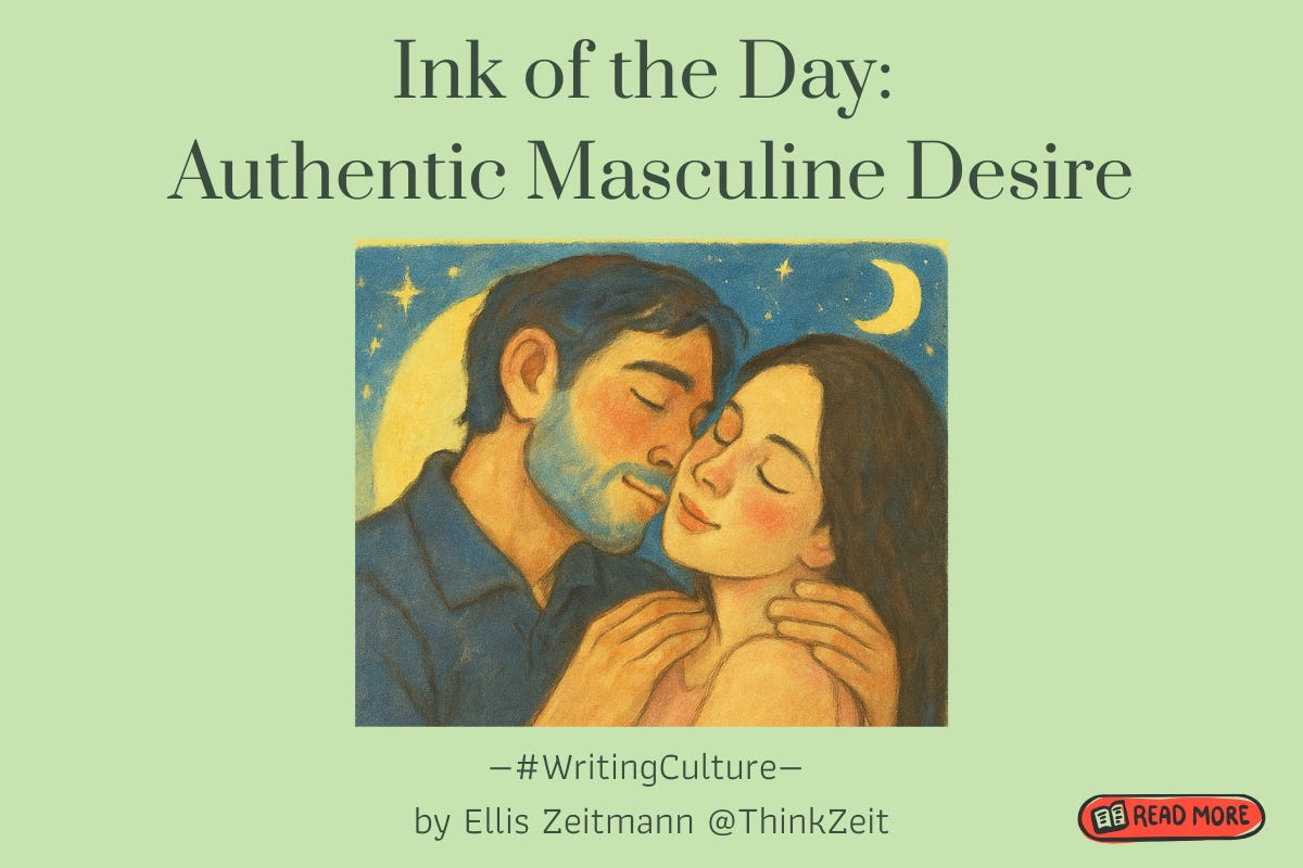 Tender couple embracing under starry sky illustrating authentic masculine desire and vulnerability. Ink of the Day by Ellis Zeitmann artwork. Tender couple embracing under starry sky illustrating authentic masculine desire and vulnerability. Ink of the Day by Ellis Zeitmann artwork.