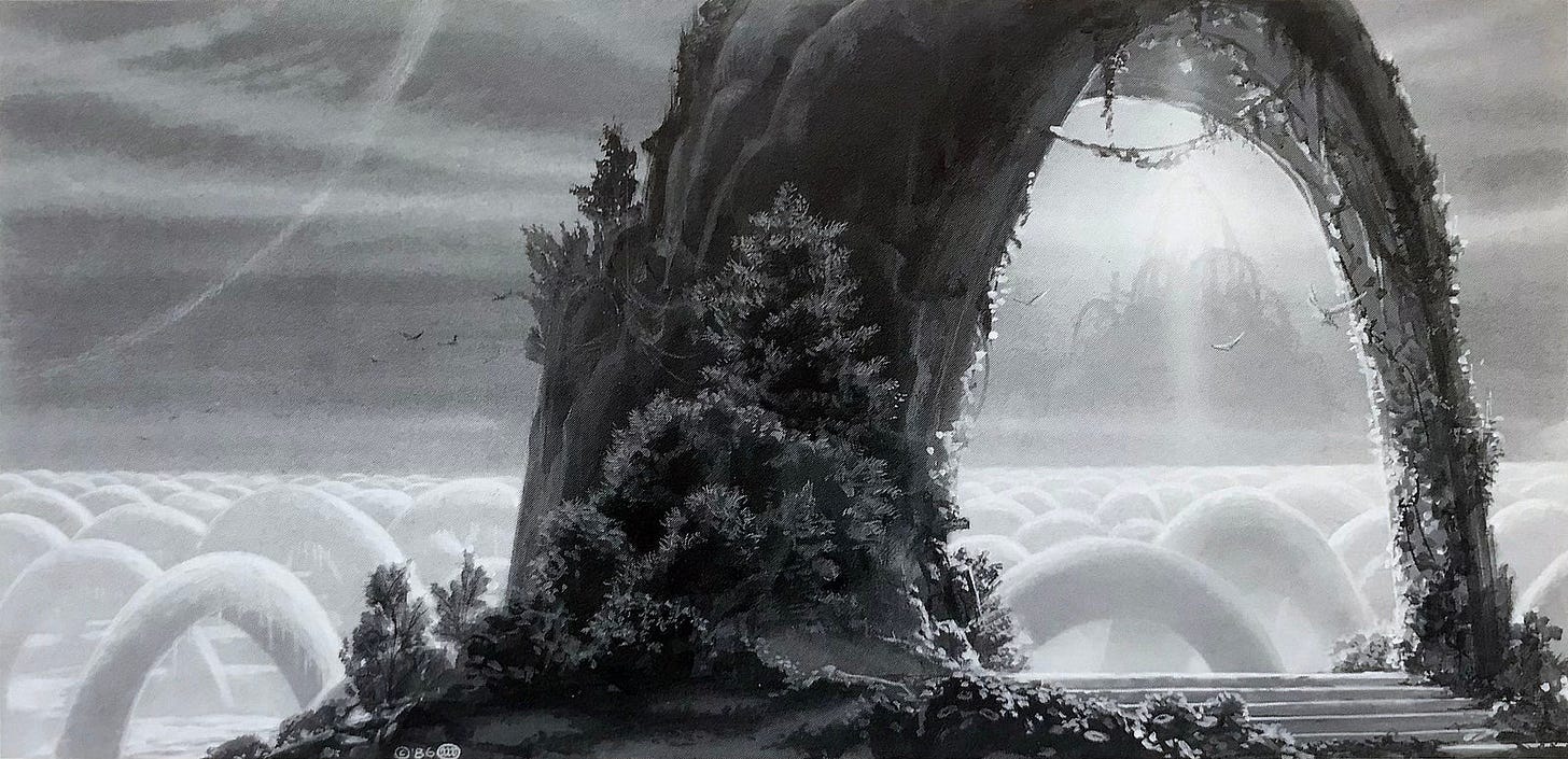 Concept 3 for VICTORY, rendered tonally and featuring a field of stone arches illuminated brightly. The immediate foreground is dominated by a prominent arch, rendered darkly and grown over with vegetation. Stairs lead up to the opening, which frames a city composed roughly arches on the distant horizon.