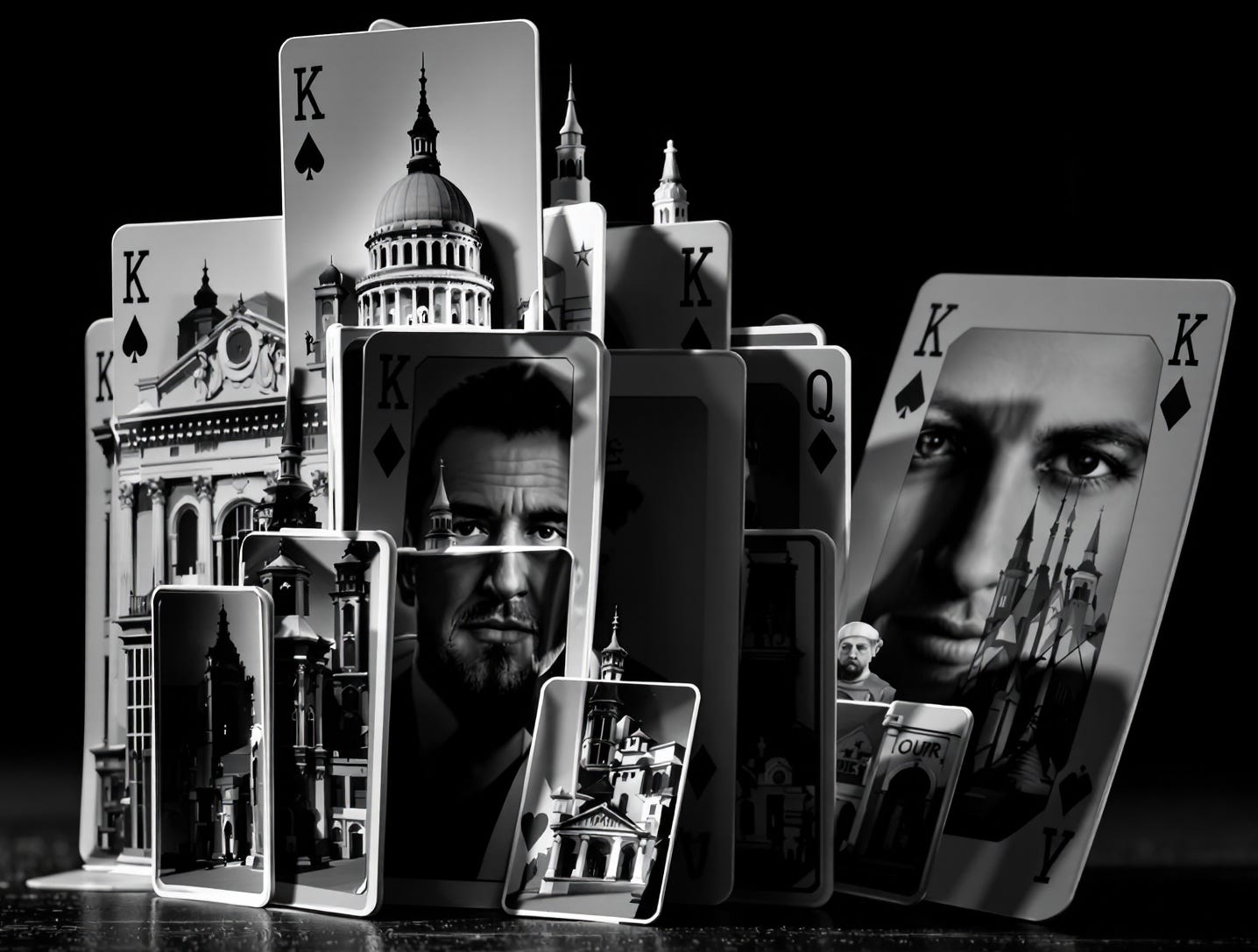 Black and white artistic photograph showing playing cards arranged as a house of cards, featuring shadowy faces and government buildings including the U.S. Capitol on the King of Spades, representing the precarious nature of power structures potentially compromised by intelligence operations.