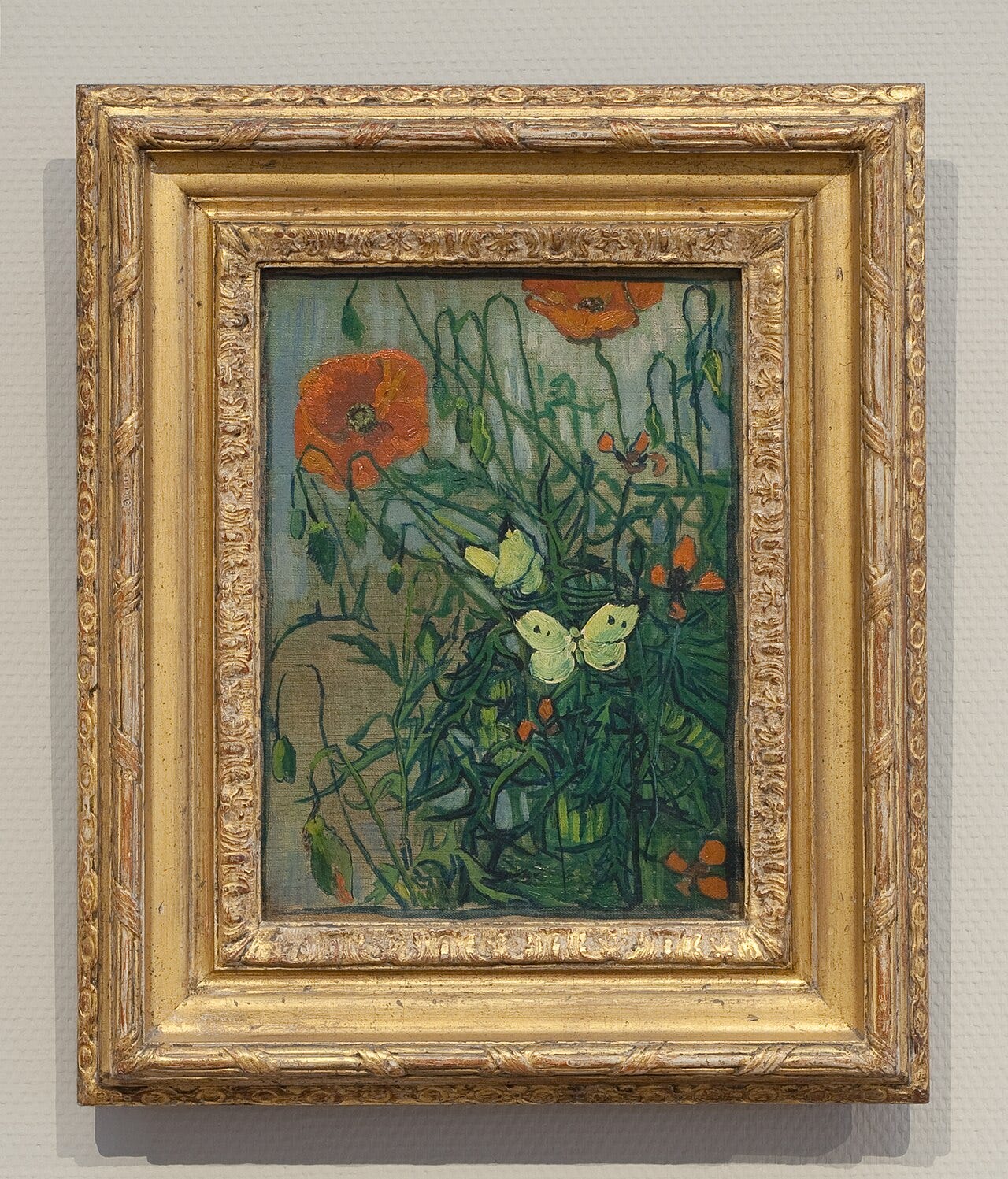 White butterflies flutter over red poppies and green grass in thick bright paint White butterflies flutter over red poppies and green grass in thick bright paint