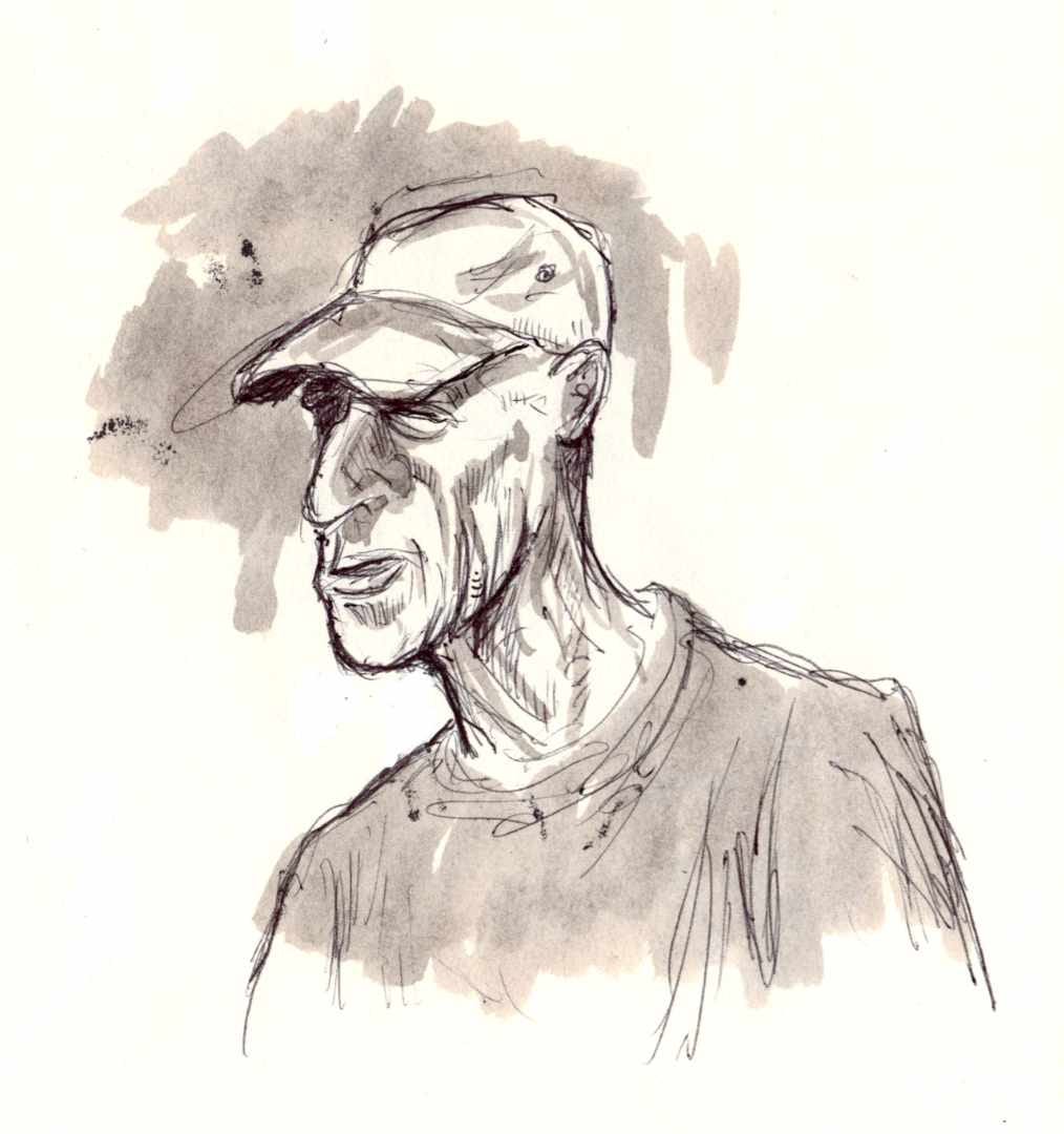 Plein aire ballpoint and was sketch of an old man in a ball cap.