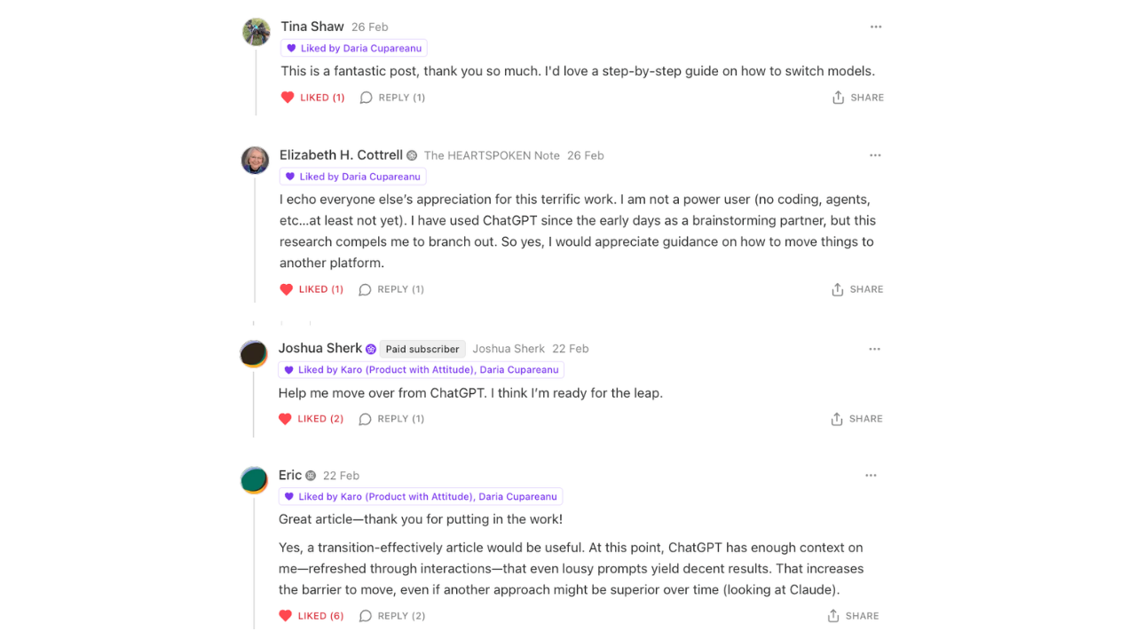 Substack comments from readers asking for a step-by-step guide to switch from ChatGPT to Claude, with one noting that ChatGPT has so much context on them that even lousy prompts yield decent results.