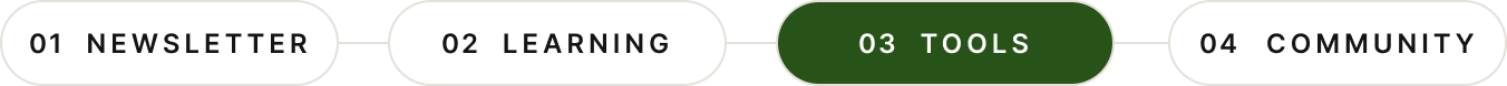 Horizontal Product with Attitude navigation showing four connected pill-shaped sections: “01 Newsletter,” “02 Learning,” “03 Tools,” and “04 Community.” The “03 Tools” section is highlighted in dark green to indicate the active category, while Newsletter, Learning, and Community remain white. The navigation organizes Product with Attitude content into newsletter articles, AI learning resources, AI tools, and community content.