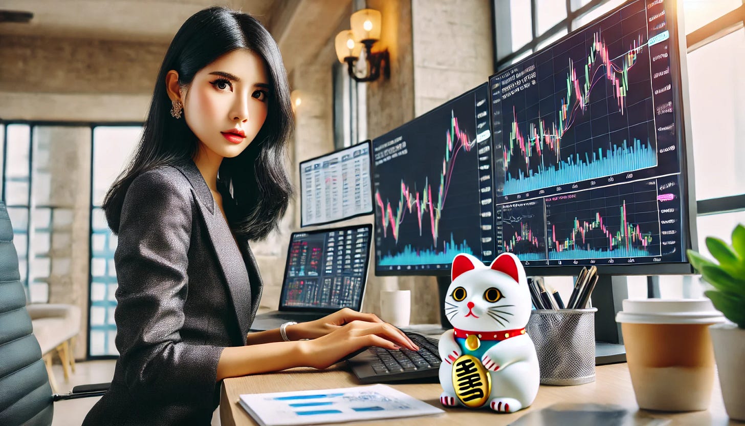 A rectangular image of a pretty Asian woman trading stocks at her desk. She is focused on multiple monitors displaying stock charts and financial data. A Lucky Cat (Maneki Neko) figurine sits on her desk, bringing good fortune. The setting is a modern, well-lit workspace with a sleek laptop, coffee cup, and a few financial notes scattered around. The atmosphere is professional yet inviting.