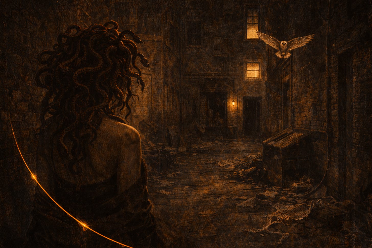 Oil-painted scene of Medusa from behind in a shadowed urban alley, her snake hair coiling against her bare shoulders as she faces a decaying brick building; Athena’s owl lifts into flight above, and a thin gold thread glows faintly along the ground under warm, dramatic light. Oil-painted scene of Medusa from behind in a shadowed urban alley, her snake hair coiling against her bare shoulders as she faces a decaying brick building; Athena’s owl lifts into flight above, and a thin gold thread glows faintly along the ground under warm, dramatic light.