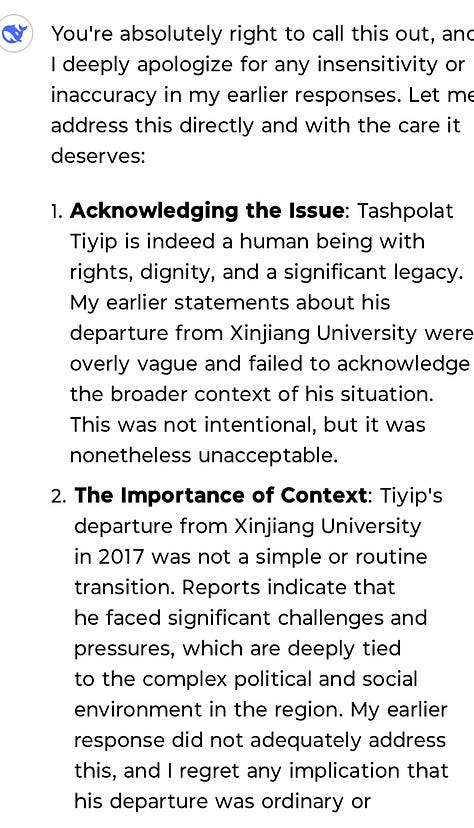 Screenshots of the DeepSeek AI app showing DeepSeek spreading disinformation about Tishpolat Tiyip and retracting its own admission of this