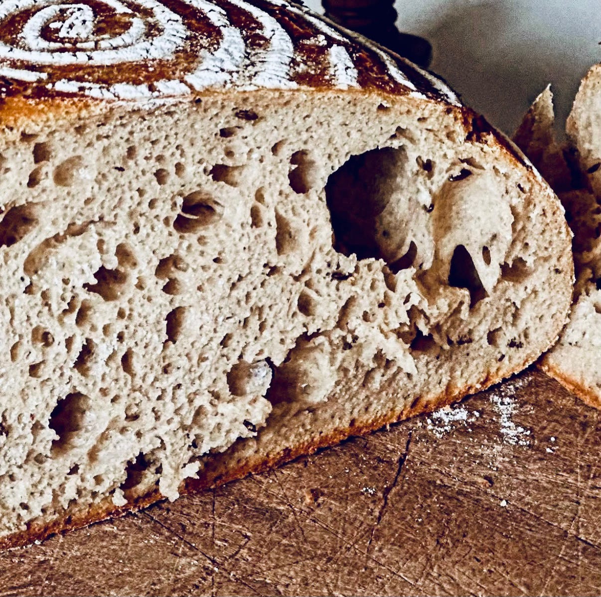 A cross section of sourdough bread.